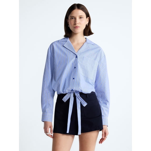 Free Assembly Women's and Women's Plus Cotton Poplin Tie Waist Shirt with Long Sleeves, Sizes XS-4X