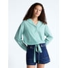Free Assembly Women's and Women's Plus Cotton Poplin Tie Waist Shirt with Long Sleeves, Sizes XS-4X