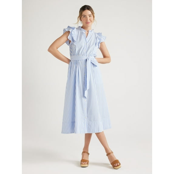 Free Assembly Women's Cotton Ruffle Neck Maxi Shirtdress, Sizes XS-XXL