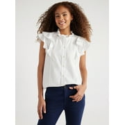 Free Assembly Women’s Cotton Ruffle Shirt with Short Sleeves, Sizes XS-XXL