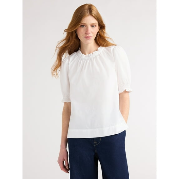 Free Assembly Women's Cotton Ruffle Top with Puff Sleeves, White, Sizes XS-XXL