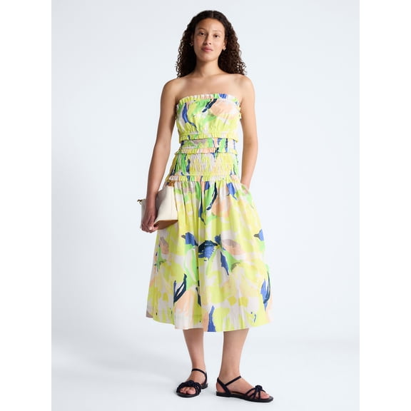 Free Assembly Women's and Women's Plus Strapless Cotton Poplin Tiered Midi Dress, Sizes XS-4X