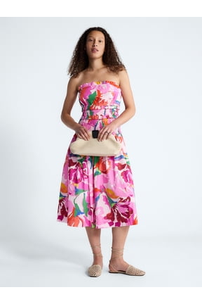 Women's and Women's Plus Strapless Cotton Poplin Tiered Midi Dress, Sizes XS-4X
