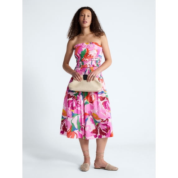 Free Assembly Women's and Women's Plus Strapless Cotton Poplin Tiered Midi Dress, Sizes XS-4X