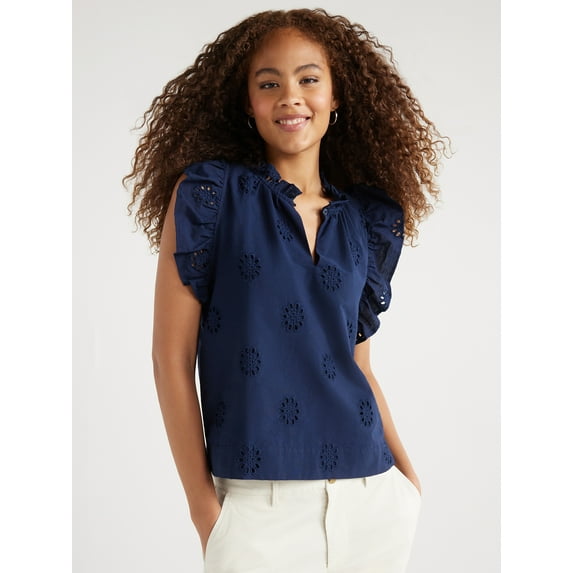 Free Assembly Women's Cotton Sleeveless Flutter Eyelet Top, Sizes XS-XXL