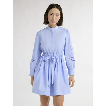 Free Assembly Women’s Cotton Tie Front Mini Dress with Long Sleeves, Sizes XS-XXXL