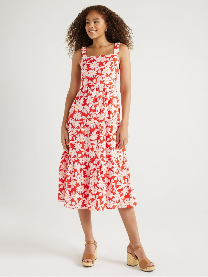 Free Assembly Women's Cotton Tiered Midi Dress with Pockets, Sizes