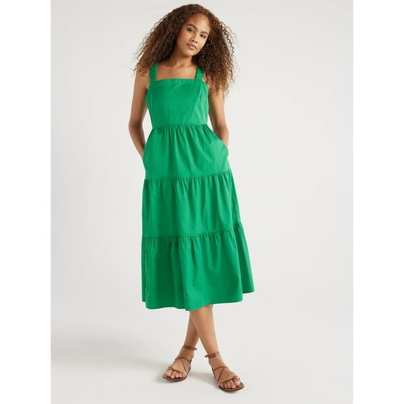Free Assembly Women’s Cotton Tiered Midi Dress with Pockets, Sizes XS-XXL