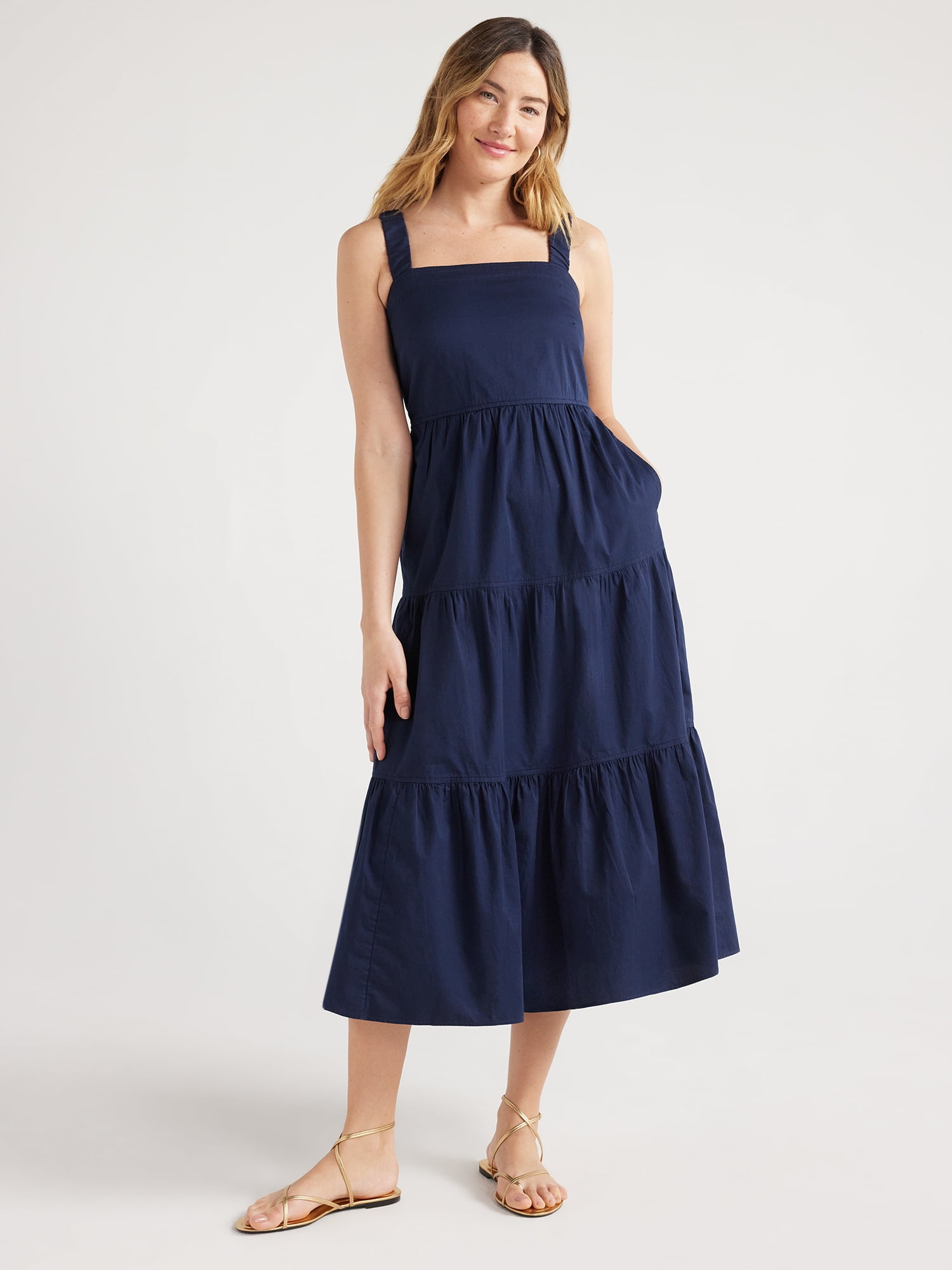 Free Assembly Women's Cotton Tiered Midi Dress with Pockets, Sizes