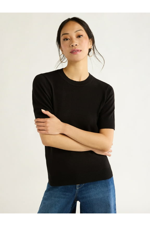 Women’s Cozy Yarn Shrunken Sweater Tee with Short Sleeves, Sizes XS-XXXL