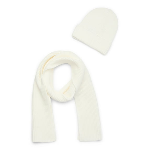 Free Assembly Women's Cozy Yarn Winter Beanie and Scarf Set, 2-Piece, Cream