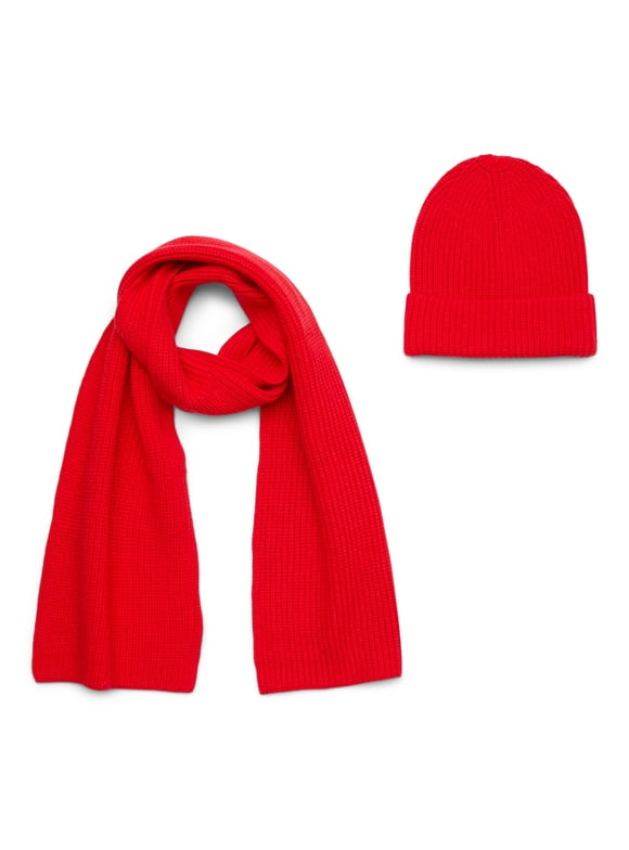 Free Assembly Women's Cozy Yarn Winter Beanie and Scarf Set, 2-Piece, Red