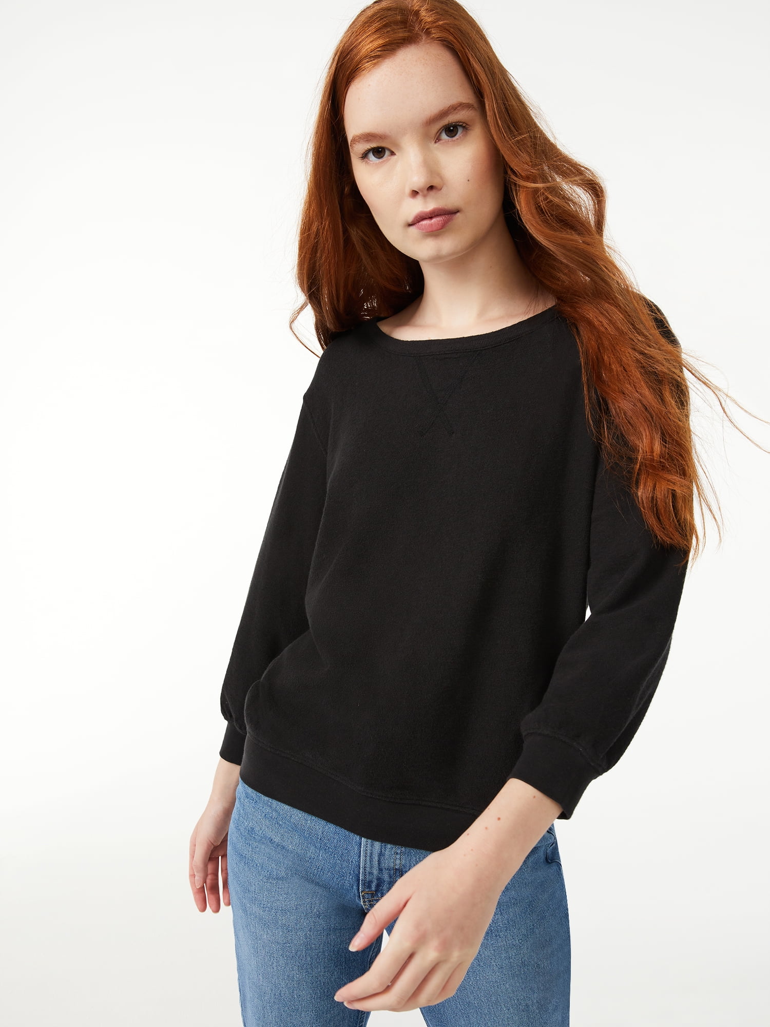 Free Assembly Women's Crewneck Sweatshirt with ¾-Sleeves