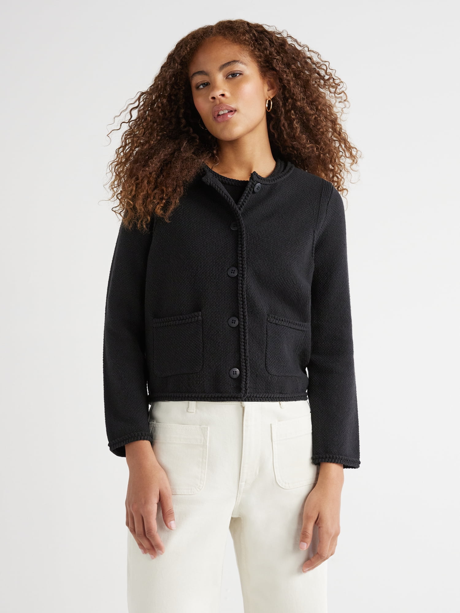 Free Assembly Women's Crochet Trim Cardigan Sweater with Long Sleeves, Midweight, Sizes XS-XXL
