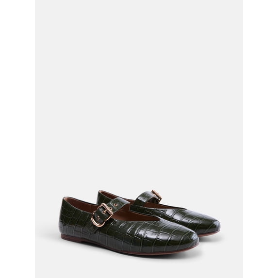 Free Assembly Women's Mary Jane Flats, Croco Faux Leather, Medium Width