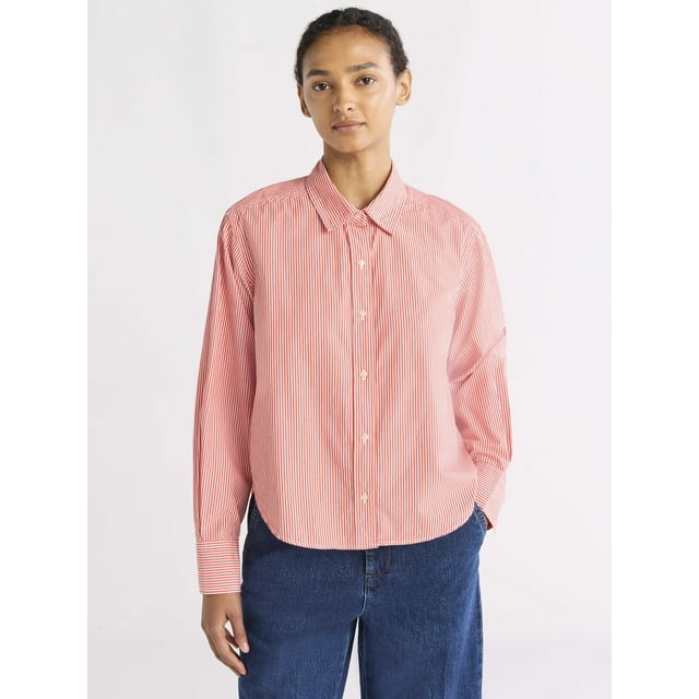 Free Assembly Women's Cropped Button Front Cotton Shirt, Sizes XS-XXL