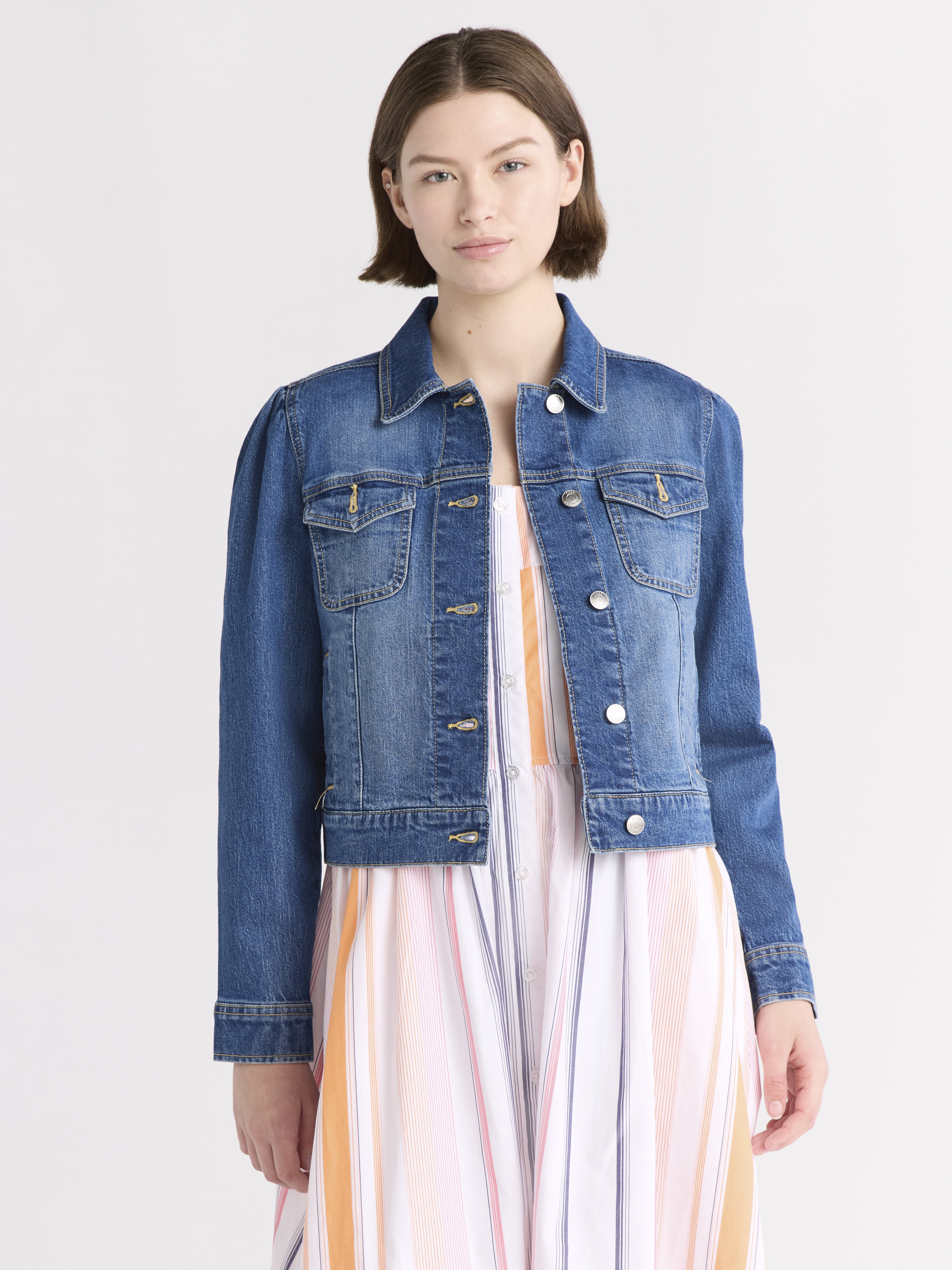 Free Assembly Women's Cropped Denim Jacket with Puff Sleeves