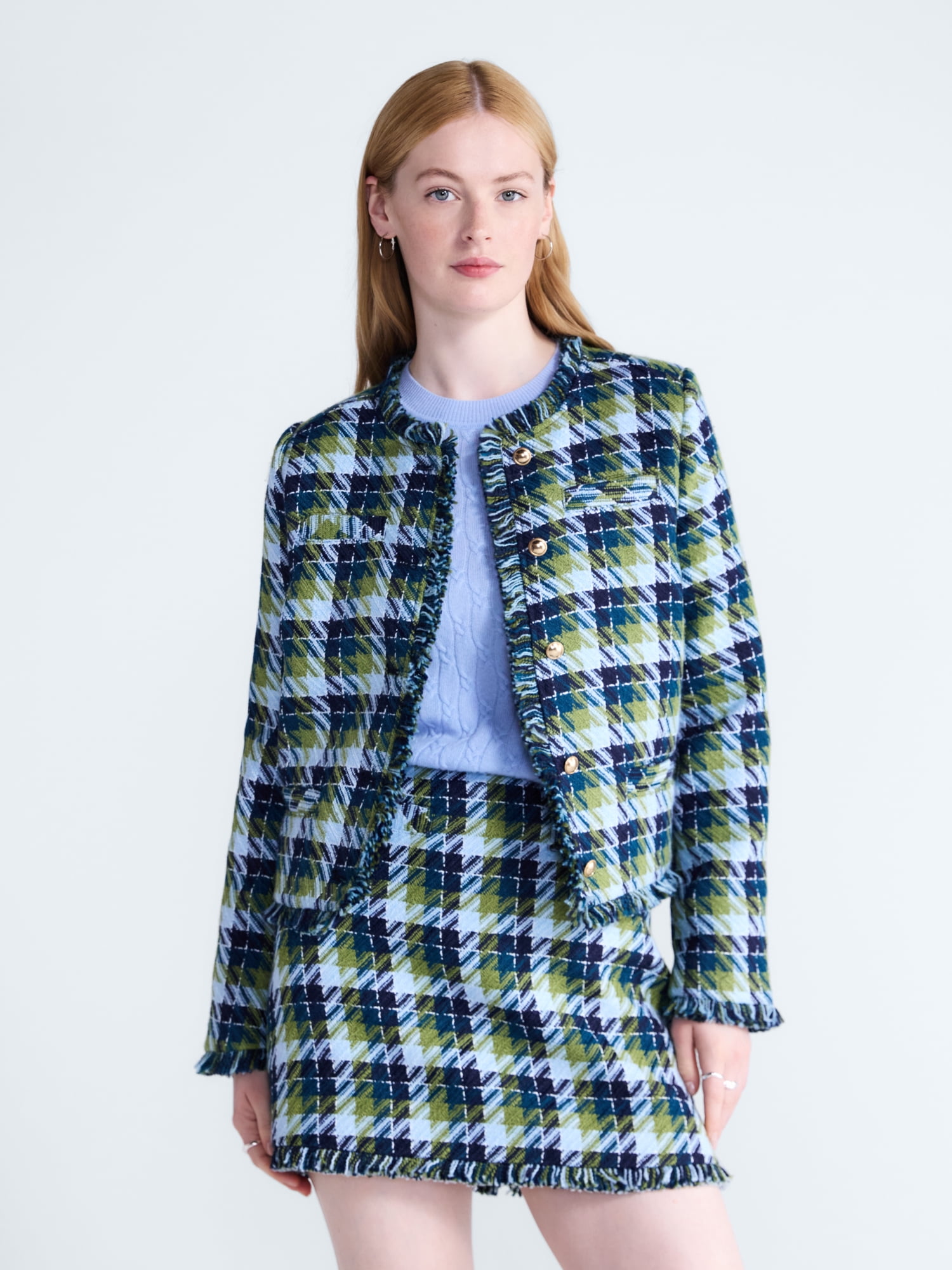 Free Assembly Women's Cropped Tweed Jacket with Fringe Trim, Sizes XS-XXL