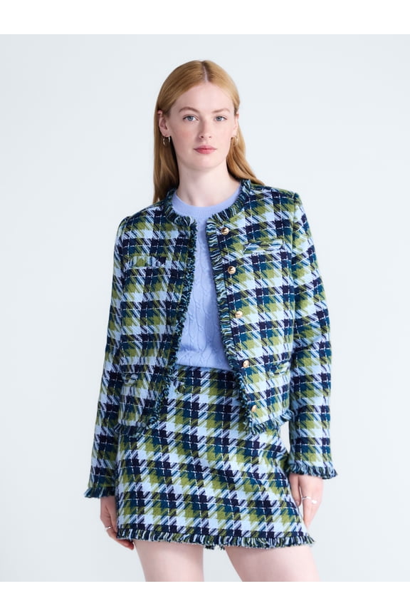 Women's and Women's Plus Cropped Tweed Jacket with Fringe Trim, Sizes XS-4X