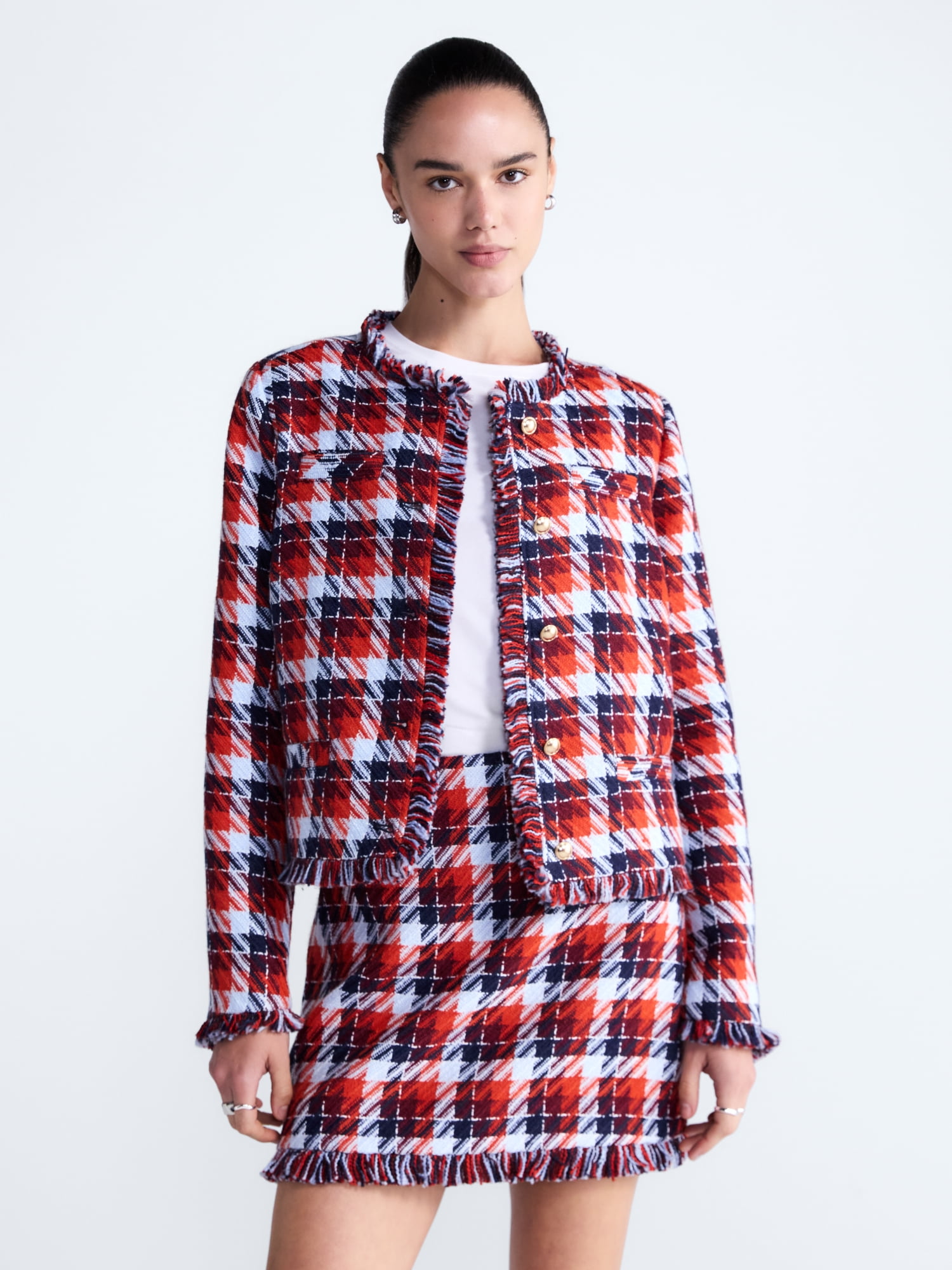 Free Assembly Women's Cropped Tweed Jacket with Fringe Trim, Sizes XS-XXL