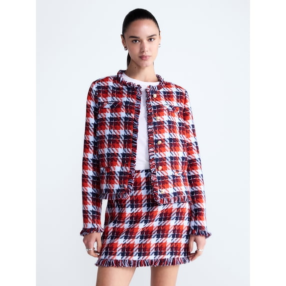 Free Assembly Women's Cropped Tweed Jacket with Fringe Trim, Sizes XS-XXL
