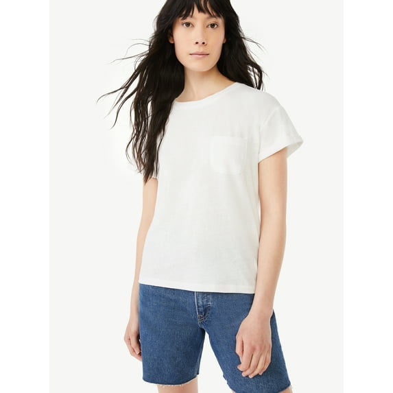 Free Assembly Women's Cuffed Pocket T-Shirt with Short Sleeves