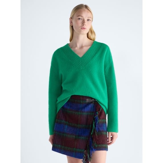 Free Assembly Women's Deep V-Neck Sweater with Long Sleeves, Midweight, Sizes XS-XXL