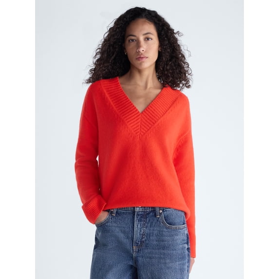 Free Assembly Women's Deep V-Neck Sweater with Long Sleeves, Midweight, Sizes XS-XXL