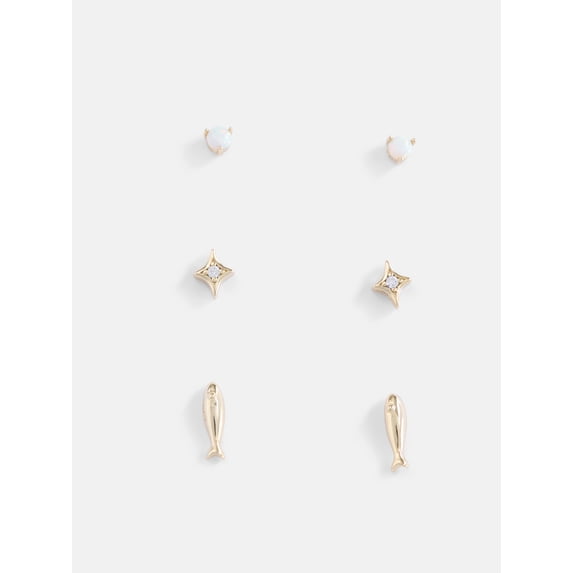 Free Assembly Women's 14K Gold-Plated Simulated Opal & Cubic Zirconia Flat Back Stud Earrings, Set of 3 Pairs