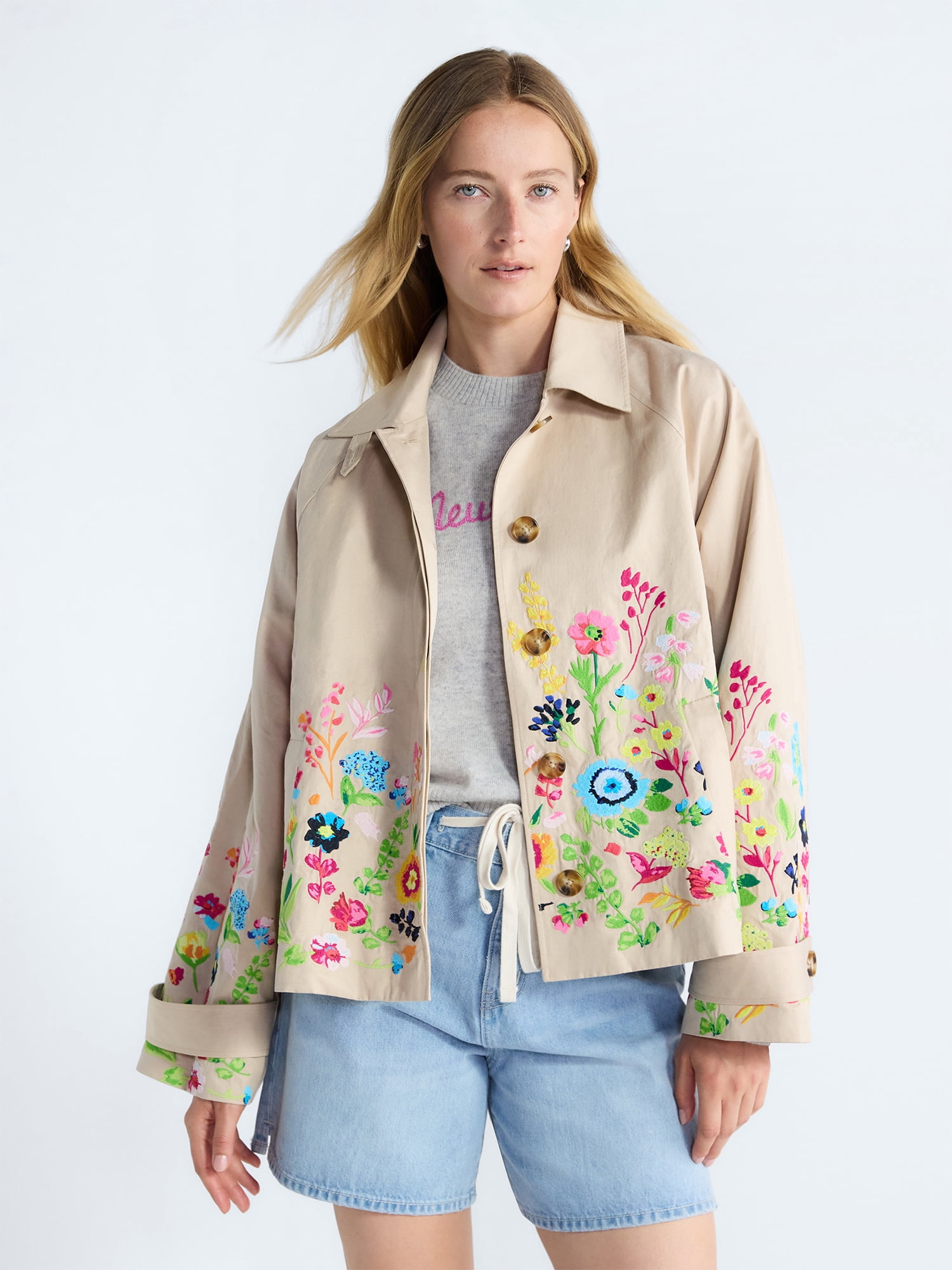 Free Assembly Women's and Women's Plus Short Embroidered Trench