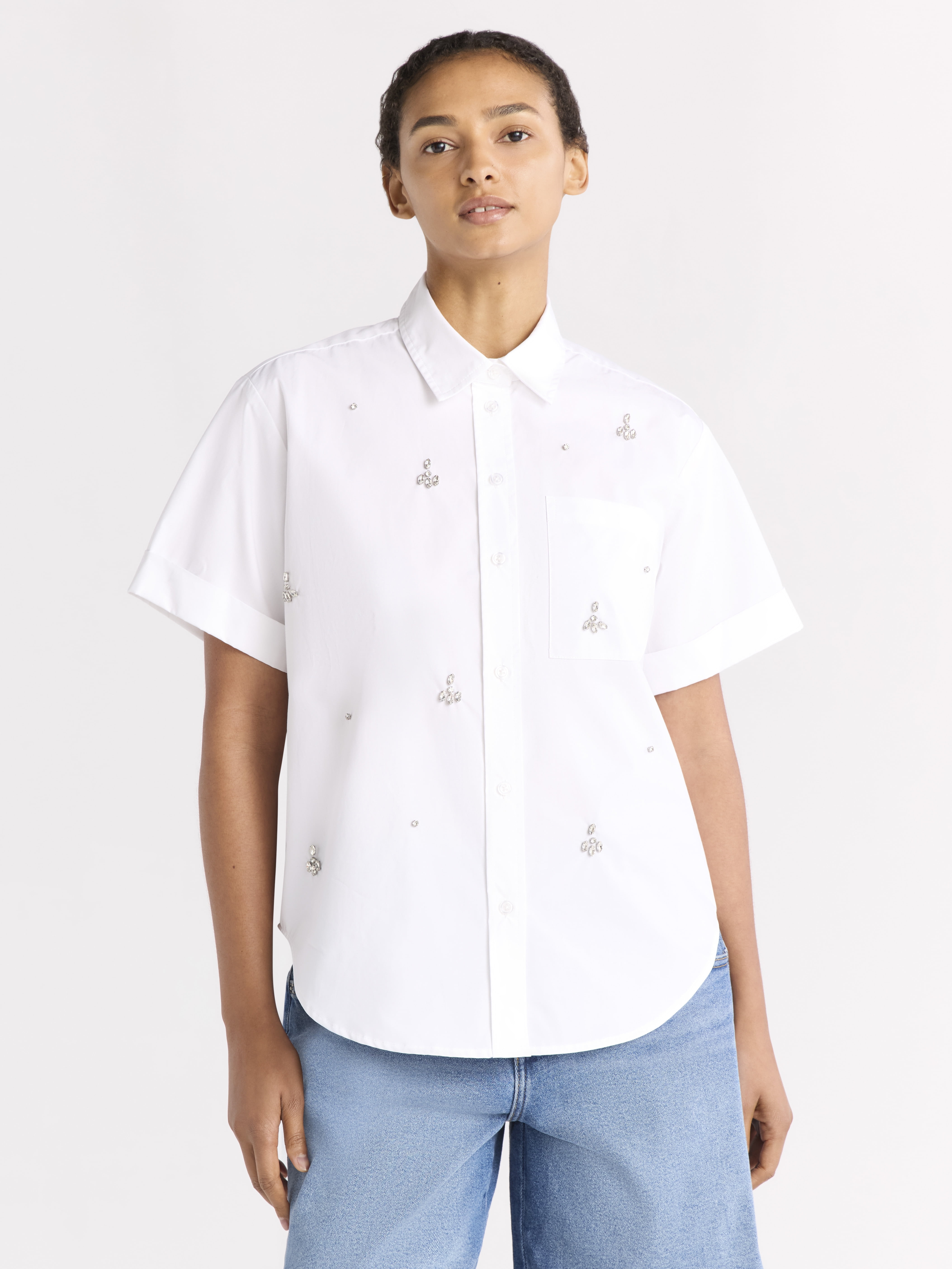 Free Assembly Women's Embellished Cotton Button Up Shirt, Sizes XS-XXL