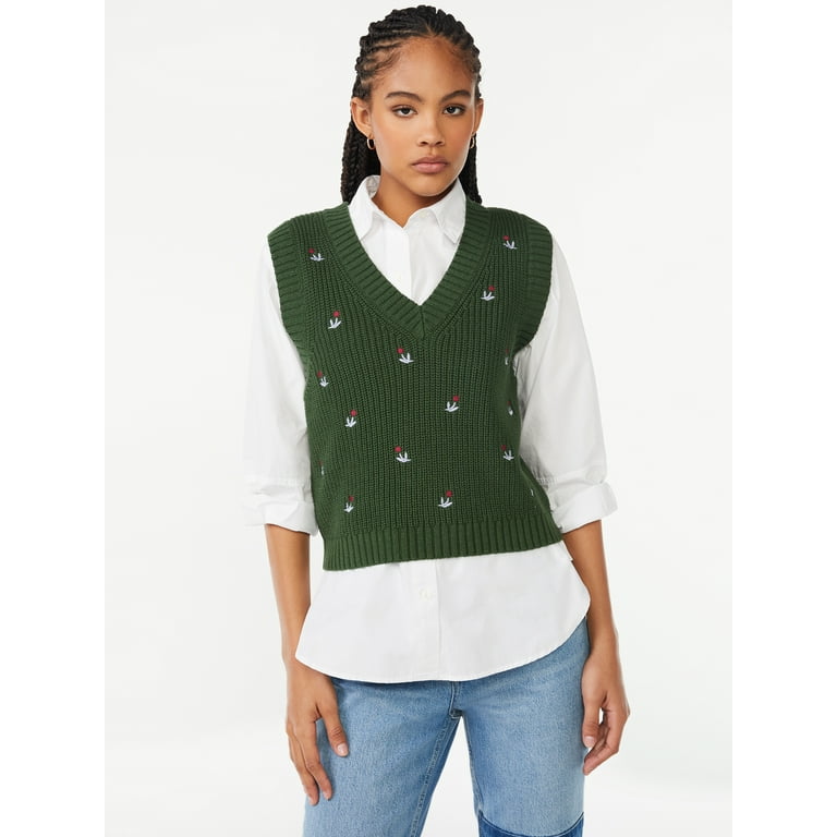 Free Assembly Women's Embroidered Sweater Vest, Midweight