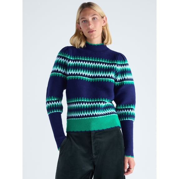 Free Assembly Women's Fair Isle Sweater with Puff Sleeves, Midweight, Sizes XS-XXL