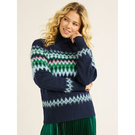 Free Assembly Women’s Fair Isle Turtleneck Sweater, Midweight, Sizes XS-XXXL