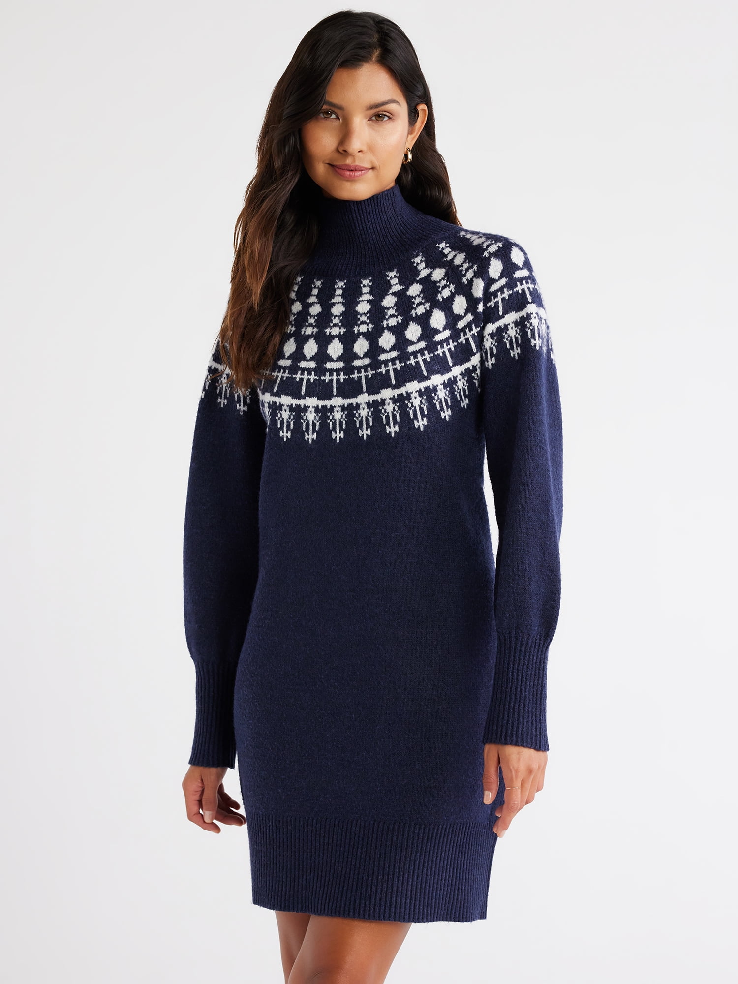 Free Assembly Women’s Fair Isle Turtleneck Sweater Mini Dress, Sizes XS ...