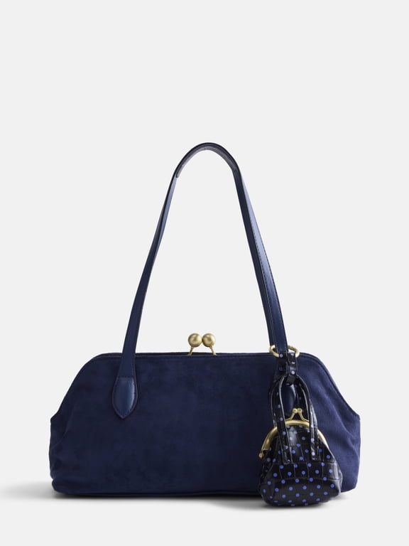 Women's Faux Suede Shoulder Bag with Mini Bag Charm
