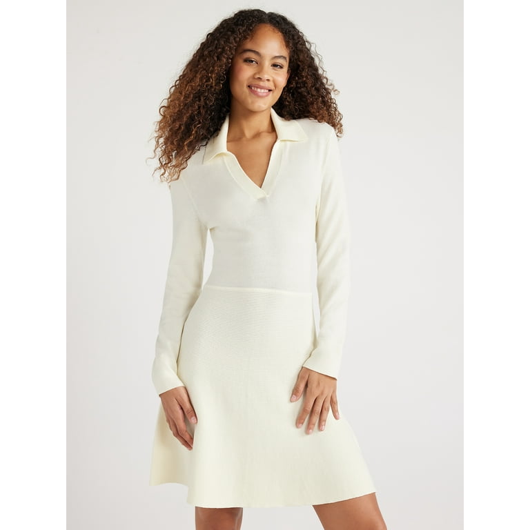 Free Assembly Women's Fit Flare Mini Polo Sweater Dress with