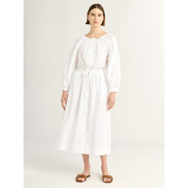 Free Assembly Women's Gathered Neck Cotton Maxi Dress with Long Sleeves, XS-XXXL