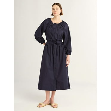 Free Assembly Women's Gathered Neck Cotton Maxi Dress with Long Sleeves, XS-XXXL