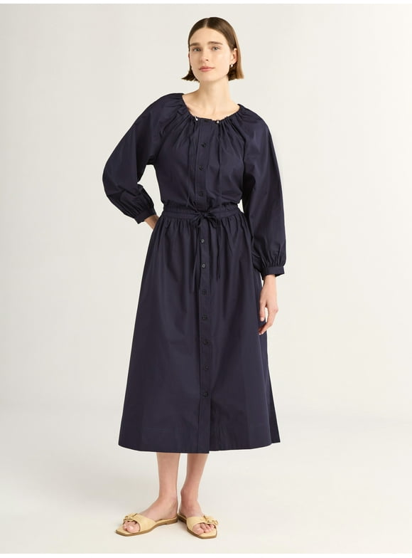 Women's Gathered Neck Cotton Maxi Dress with Long Sleeves, XS-XXXL