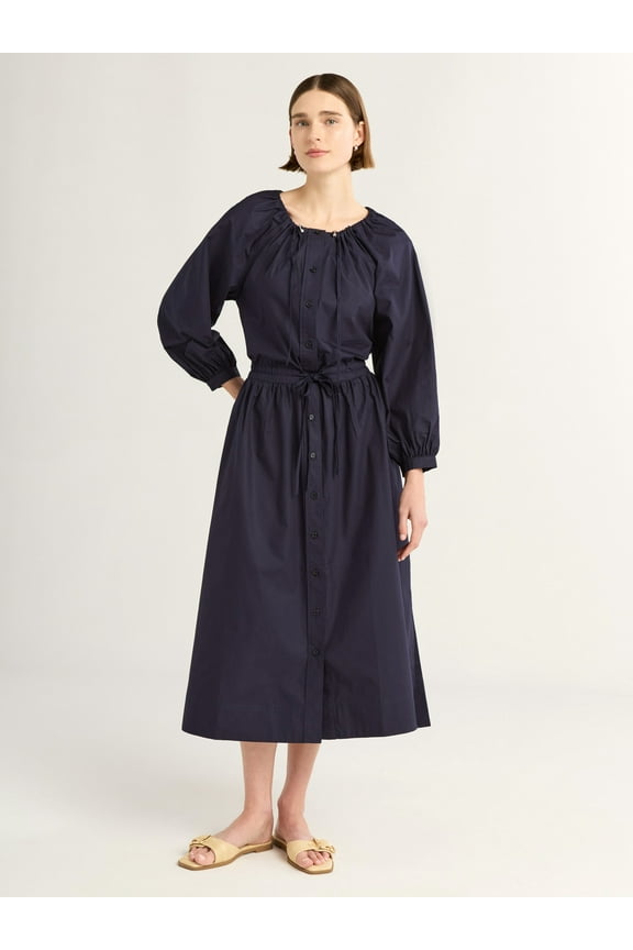 Women's Gathered Neck Cotton Maxi Dress with Long Sleeves, XS-XXXL