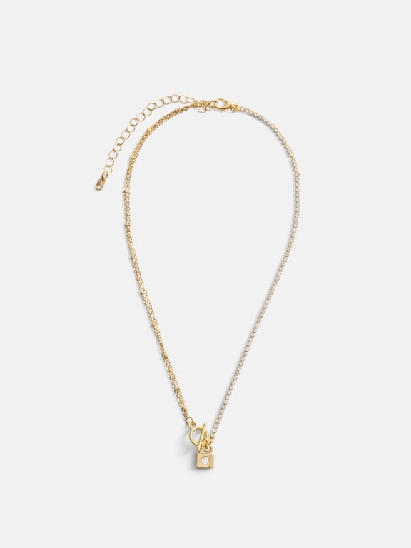Women's Crystal Padlock Chain Necklace, 16" + 3", Goldtone