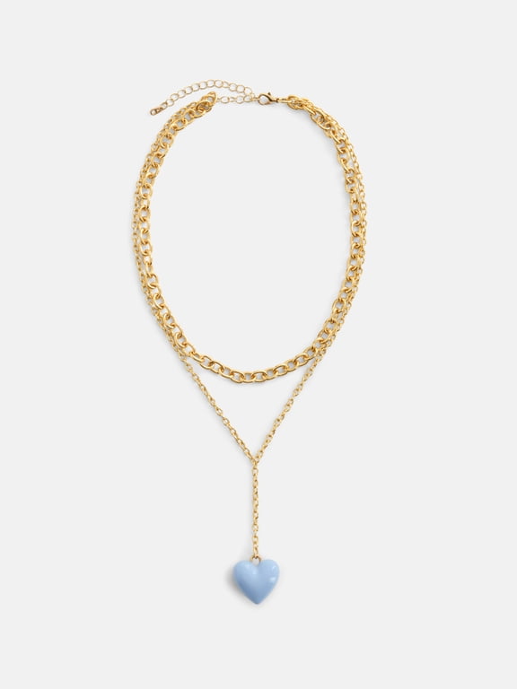 Womens Layered Chain Heart Pendant Necklace, Goldtone