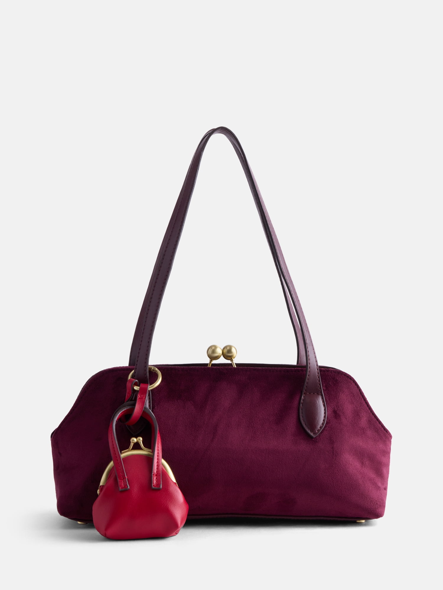 Free Assembly Women's Faux Suede Shoulder Bag with Mini Bag Charm, Deep Chianti