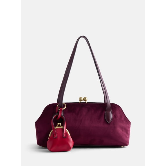Free Assembly Women's Faux Suede Shoulder Bag with Mini Bag Charm, Deep Chianti