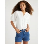 Free Assembly Women’s Henley Tee with Short Puff Sleeves, Sizes XS-XXL