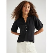 Free Assembly Women’s Henley Tee with Short Puff Sleeves, Sizes XS-XXL