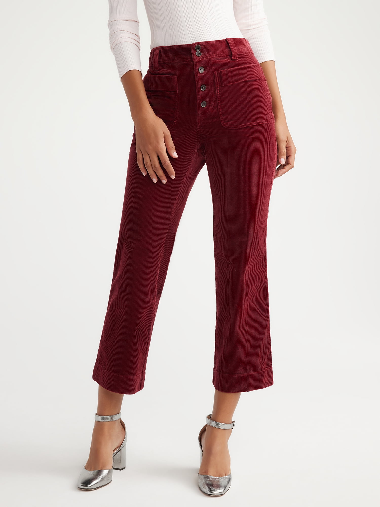 Free Assembly Women's High Rise Cropped Flare Corduroy Pants with Patch  Pockets, 27” Inseam, Sizes 0-20