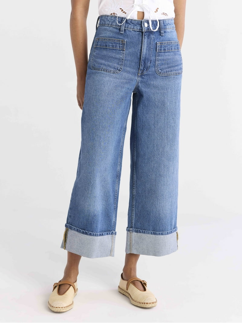 Free Assembly Women's High Rise Cuffed Jean Pants with Patch