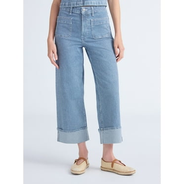 Free Assembly Women’s High Rise Cuffed Jeans with Patch Pockets, 30" Inseam, Sizes 0-28